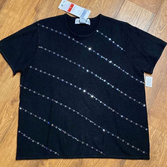 NORTON MCNAUGHTON BLACK DIAGONALLY BEADED SHORT SLEEVE SWEATER L NWT - Picture 8 of 10